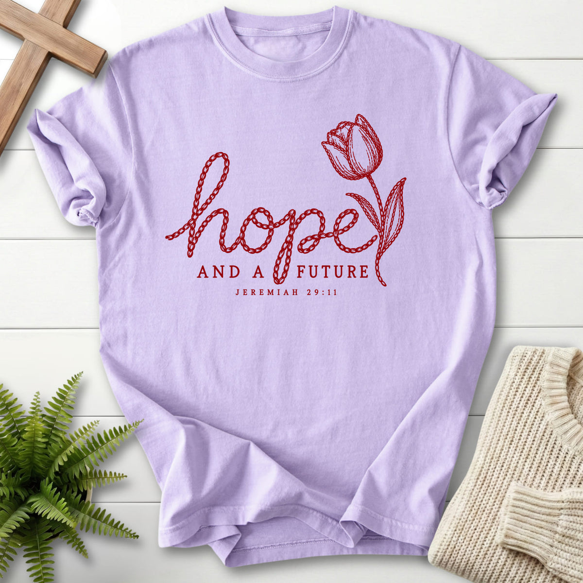 Orchid Hope and a Future Tulip T-shirt flat lay mockup, Jeremiah 29:11 Christian apparel for women