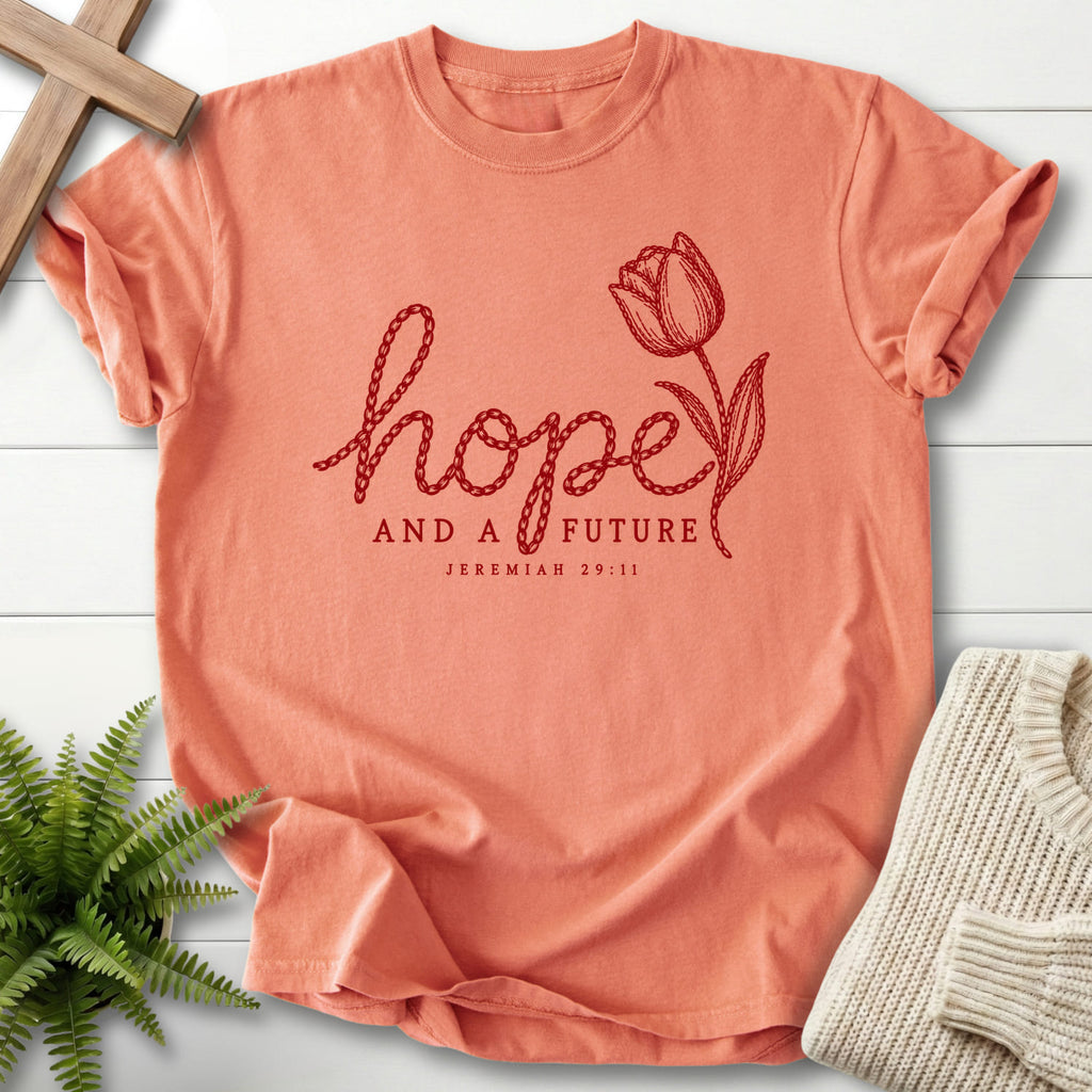 Terracotta Hope and a Future Tulip T-shirt flat lay mockup, Jeremiah 29:11 Christian apparel for women