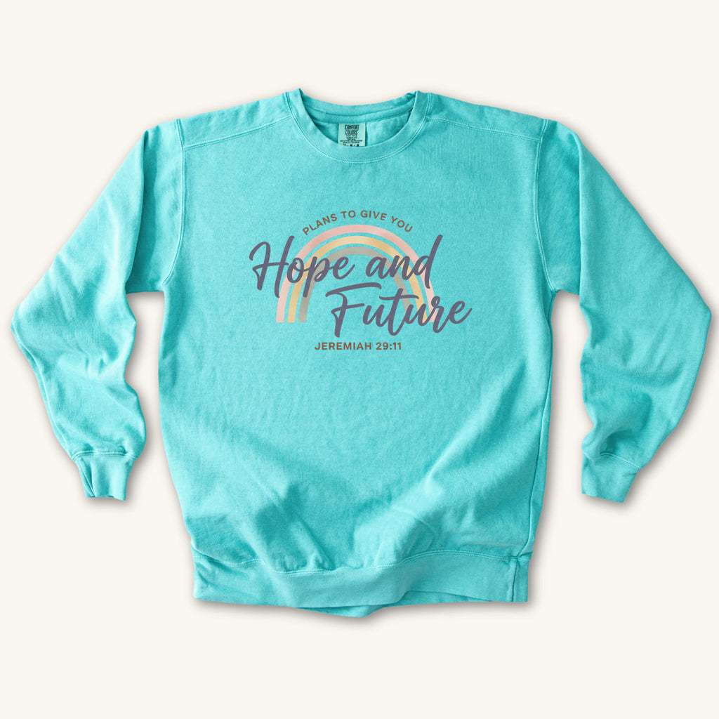 Chalky Mint Hope and Future sweatshirt flat lay mockup, Jeremiah 29:11 Christian apparel for women