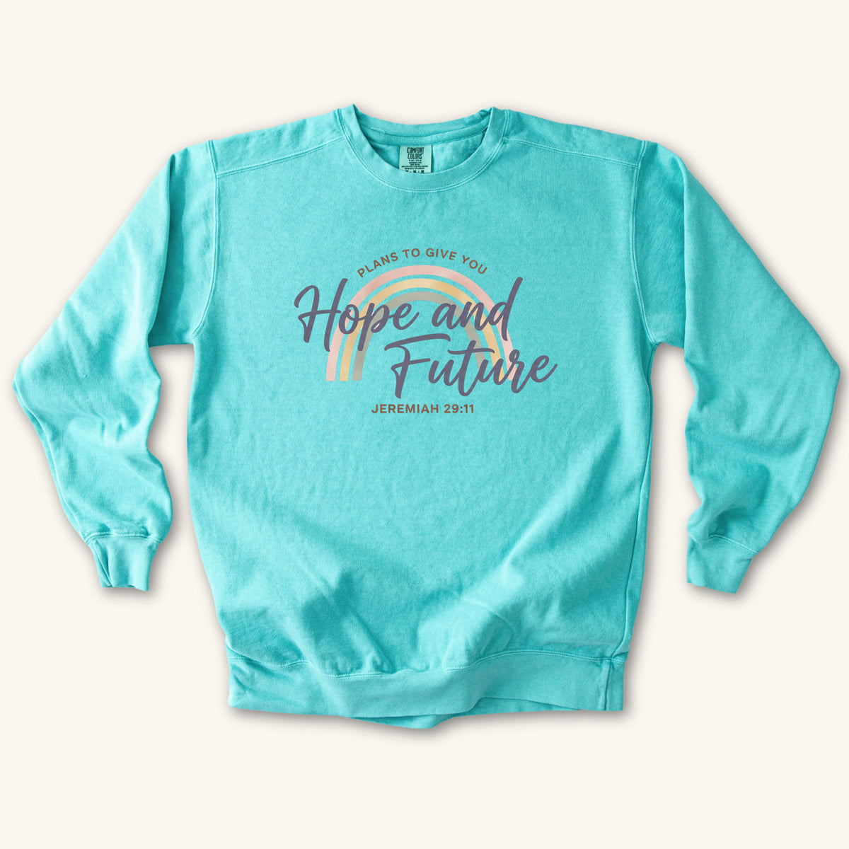 Chalky Mint Hope and Future sweatshirt flat lay mockup, Jeremiah 29:11 Christian apparel for women