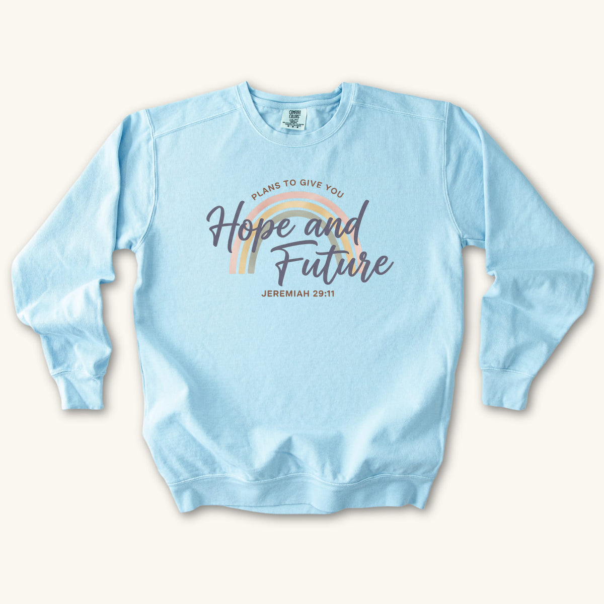Chambray Hope and Future sweatshirt flat lay mockup, Jeremiah 29:11 Christian apparel for women