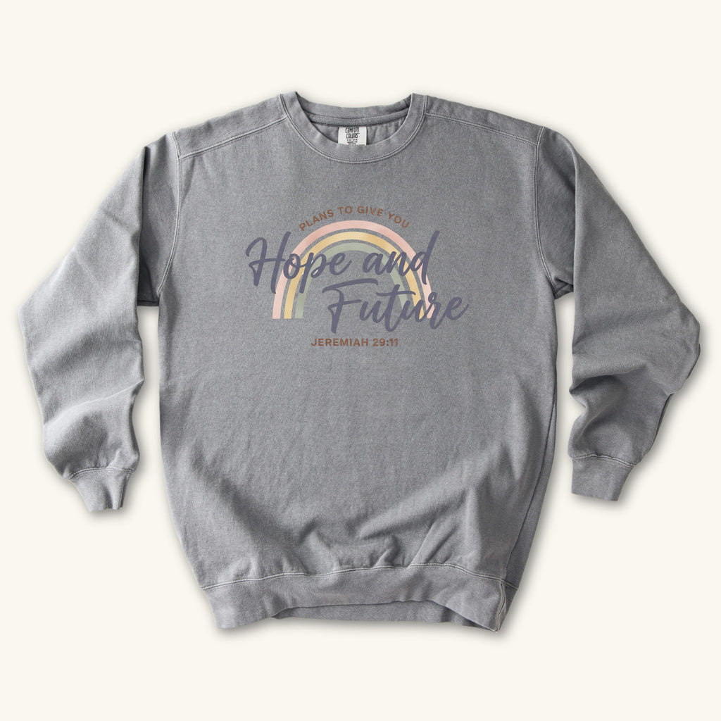 Grey Hope and Future sweatshirt flat lay mockup, Jeremiah 29:11 Christian apparel for women