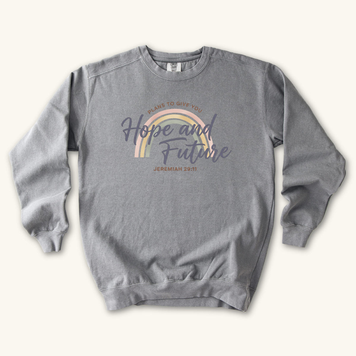 Grey Hope and Future sweatshirt flat lay mockup, Jeremiah 29:11 Christian apparel for women