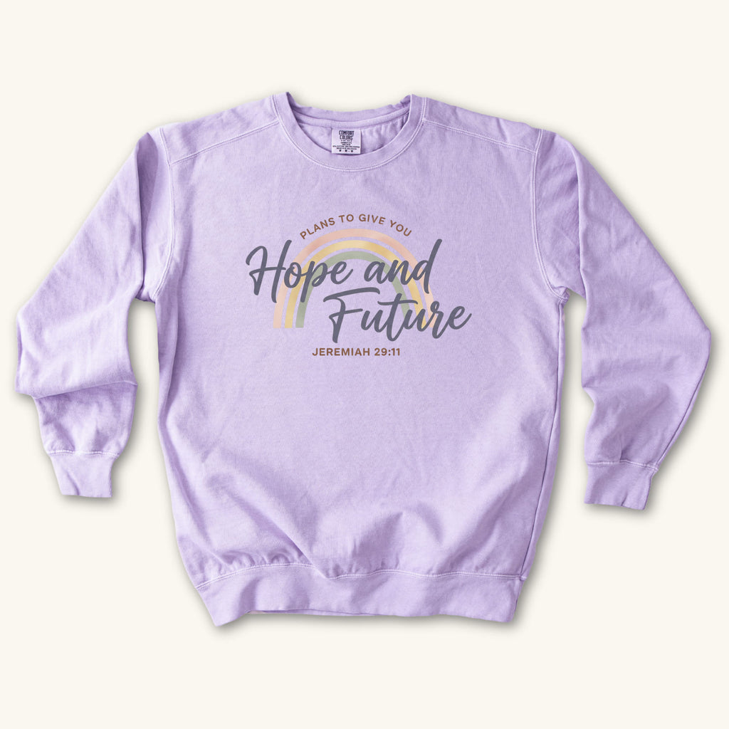 Orchid Hope and Future sweatshirt flat lay mockup, Jeremiah 29:11 Christian apparel for women