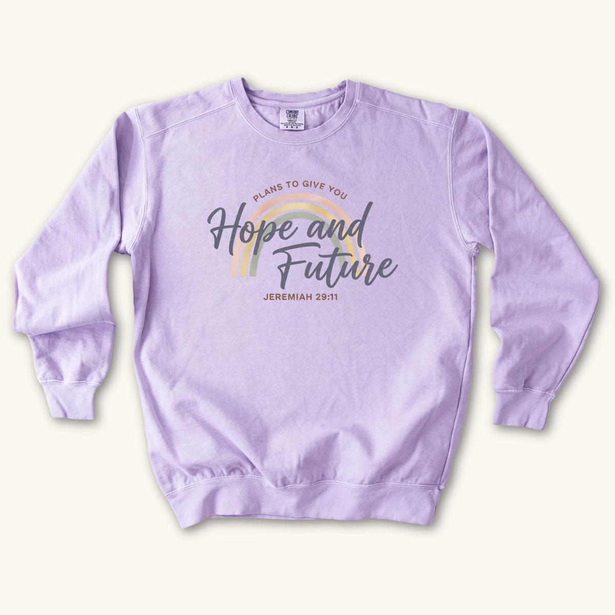 Orchid Hope and Future sweatshirt flat lay mockup, Jeremiah 29:11 Christian apparel for women