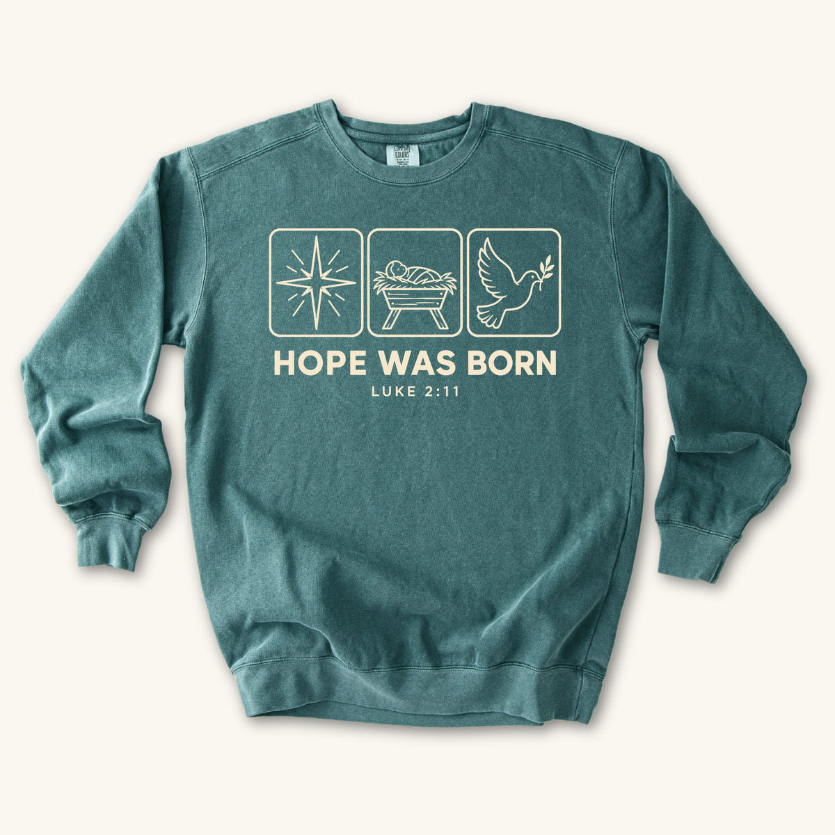 Blue Spruce Hope Was Born Christmas sweatshirt flat lay mockup, Luke 2:11 Christian apparel for women
