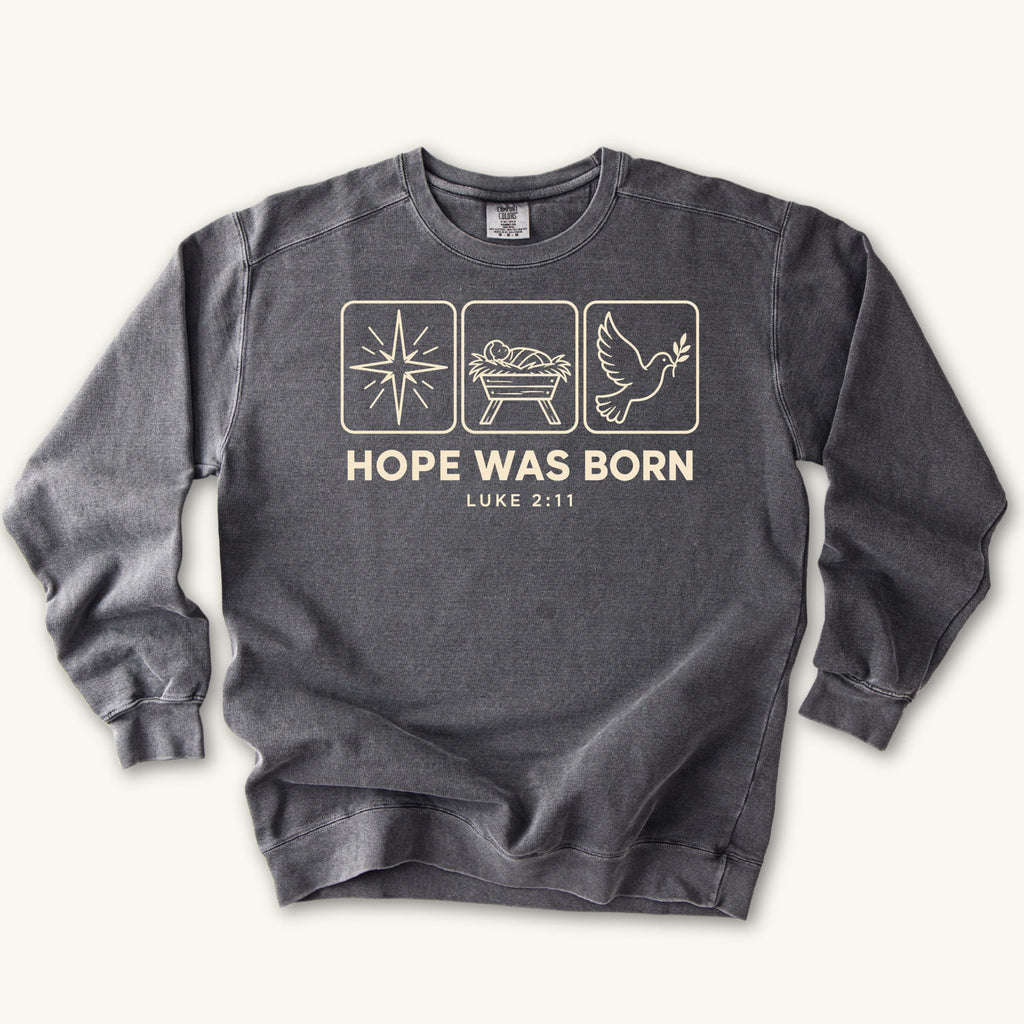 Pepper Hope Was Born Christmas sweatshirt flat lay mockup, Luke 2:11 Christian apparel for women