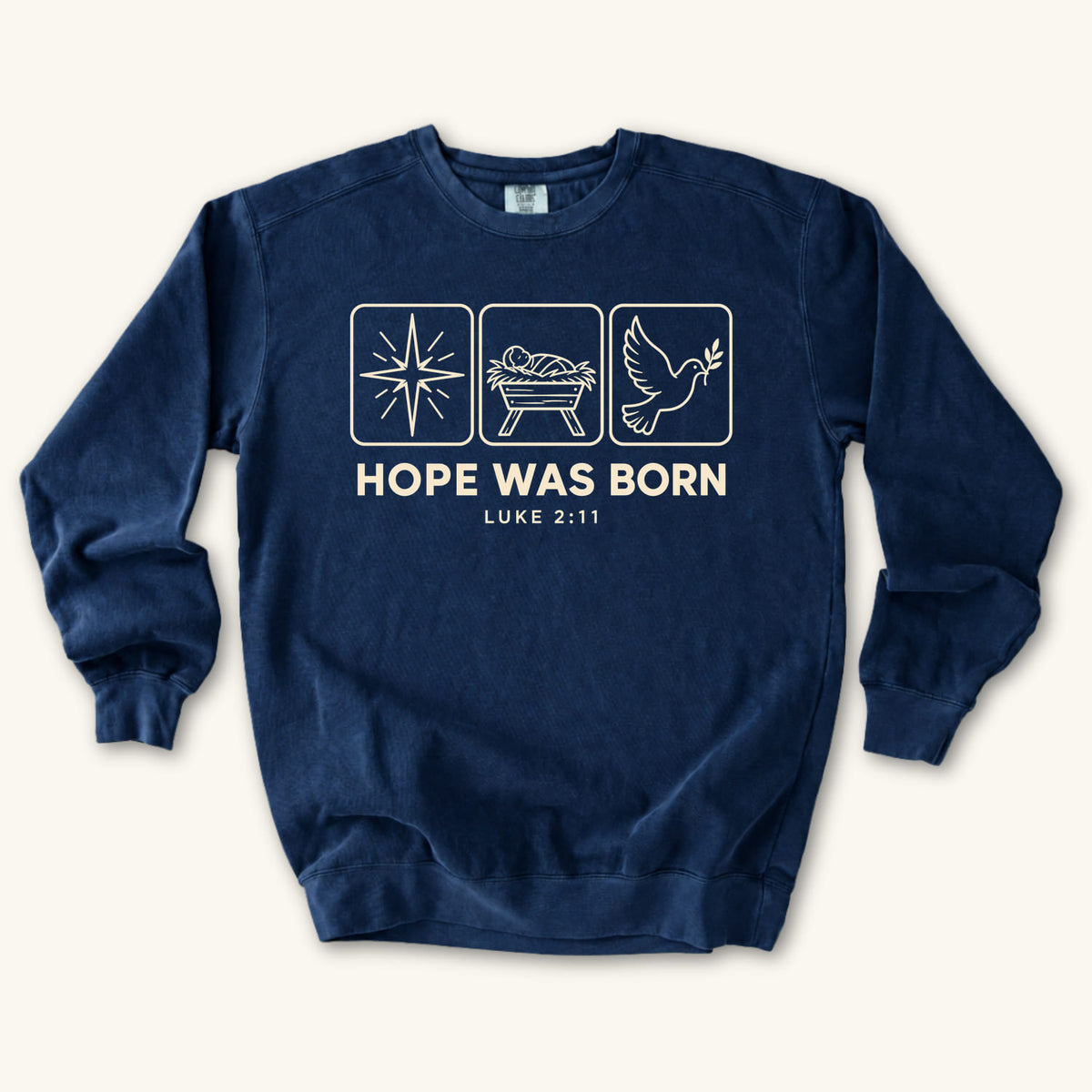 True Navy Hope Was Born Christmas sweatshirt flat lay mockup, Luke 2:11 Christian apparel for women