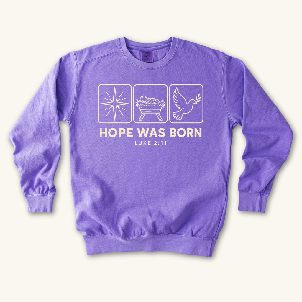 Violet Hope Was Born Christmas sweatshirt flat lay mockup, Luke 2:11 Christian apparel for women
