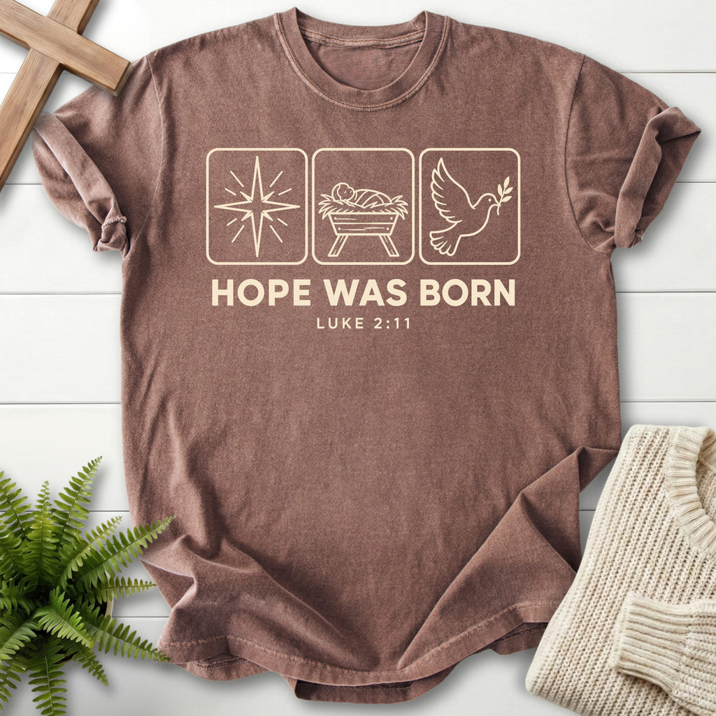 Espresso Hope Was Born Christmas T-shirt flat lay mockup, Luke 2:11 Christian apparel for women