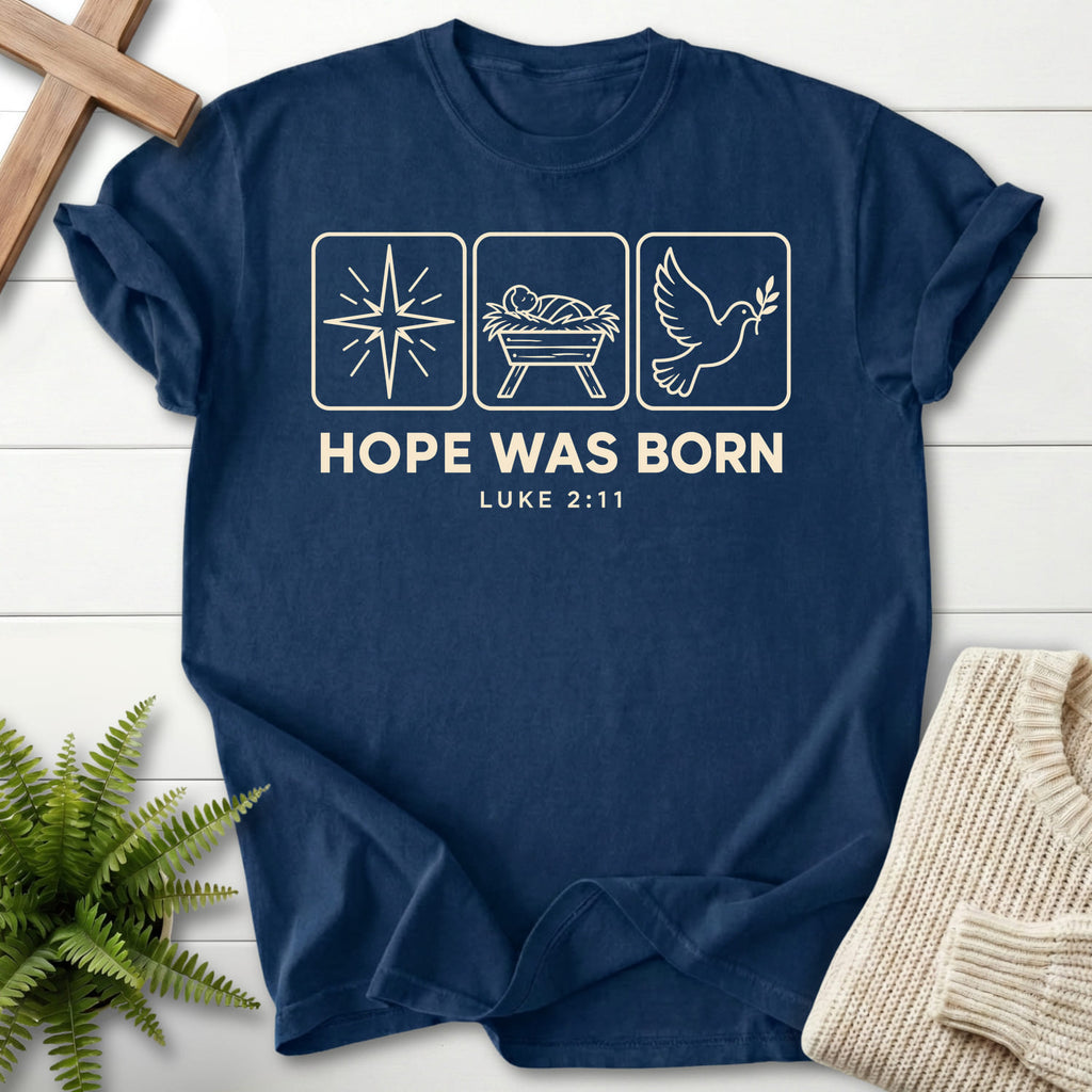 Navy Hope Was Born Christmas T-shirt flat lay mockup, Luke 2:11 Christian apparel for women