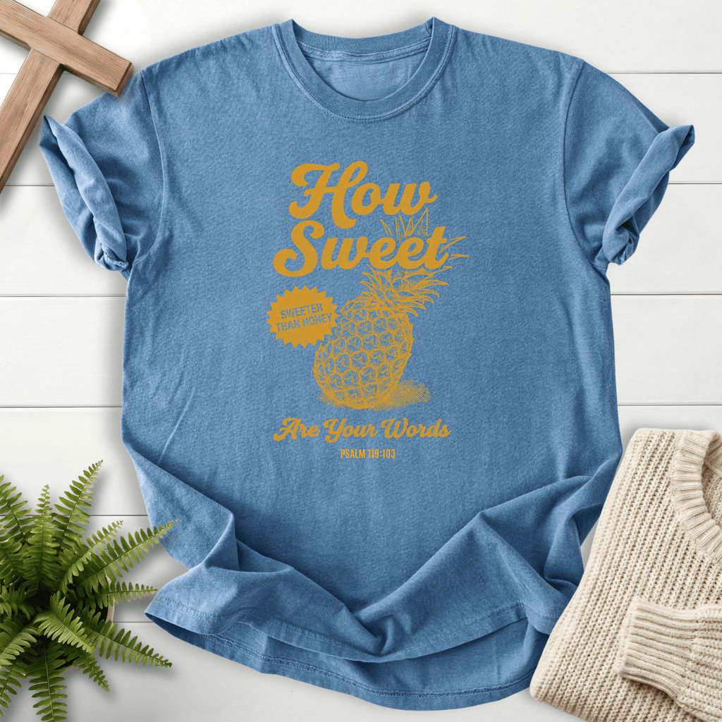 Blue Jean women's Christian t-shirt with a vintage pineapple graphic and golden script lettering, inspired by Psalm 119:103.