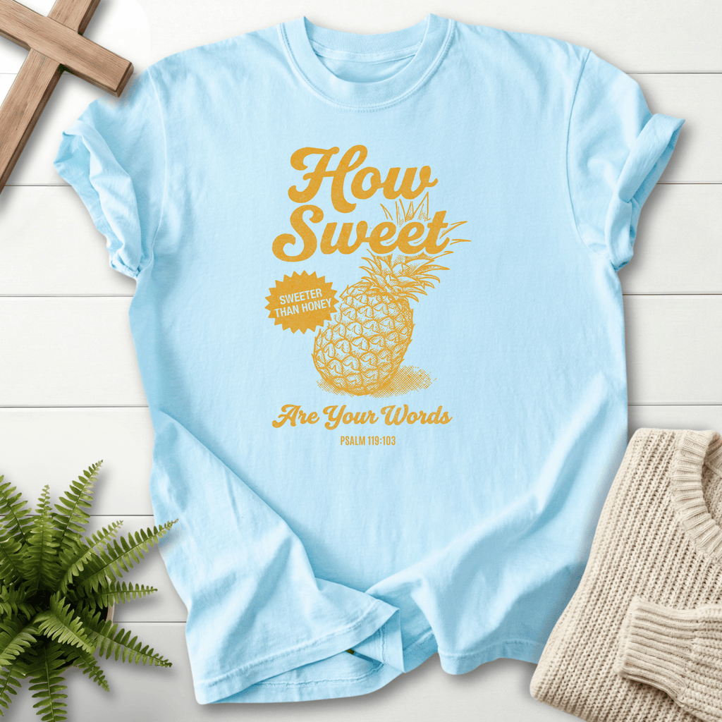 Chambray women's Christian t-shirt with retro pineapple art, inspired by Psalm 119:103.