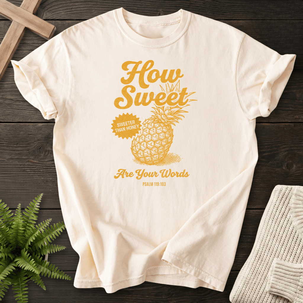Ivory women's Christian t-shirt with retro-style pineapple design, inspired by Psalm 119:103.