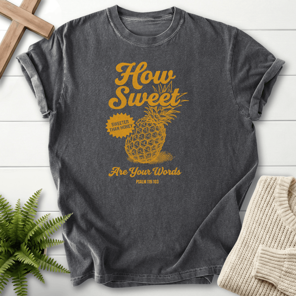 Pepper women's Christian t-shirt with a golden pineapple illustration, inspired by Psalm 119:103.