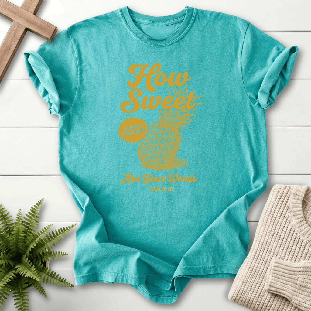 Seafoam women's Christian t-shirt with a vintage pineapple motif and gold lettering, inspired by Psalm 119:103.