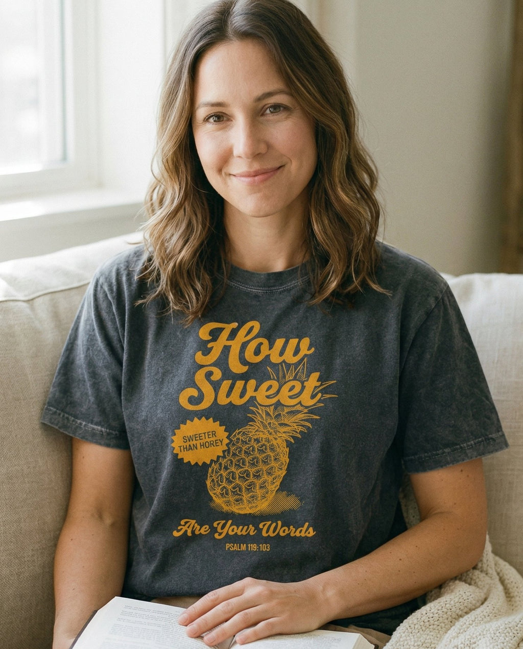 How Sweet – Pepper women's Christian tee, lifestyle photo in cozy living room – Retro vintage-style design with 'How Sweet Are Your Words' text and a  – Psalm 119:103 – She Wears Faith