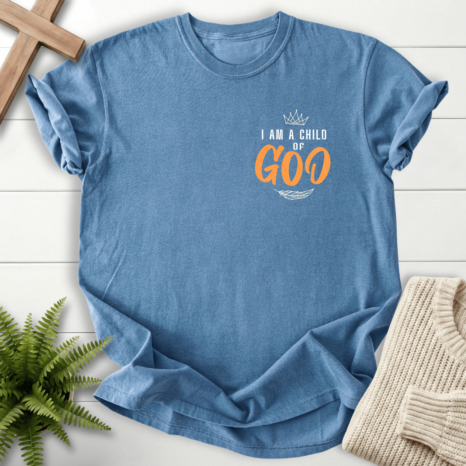 Blue Jean women's Christian t-shirt with a small chest crown design and bold GOD lettering