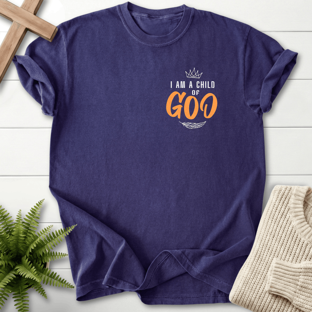 Grape women's Christian t-shirt with crown and orange accent lettering in a pocket-style chest design