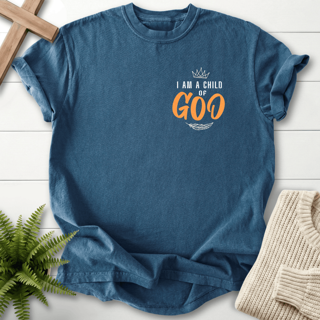 Midnight women's Christian t-shirt with a crown chest print and orange leaf accents on the left chest.