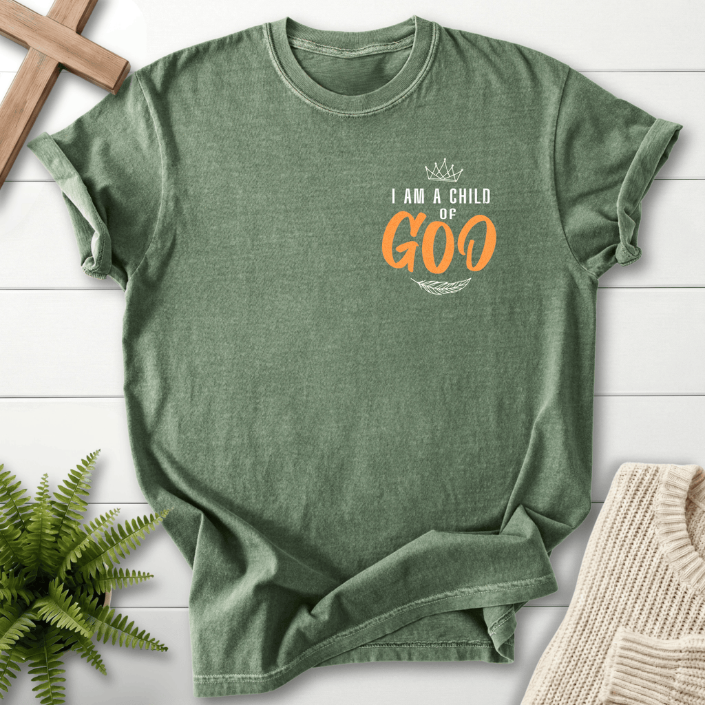 Moss women's Christian t-shirt with a left-chest crown pocket print and "I Am a Child of GOD" design