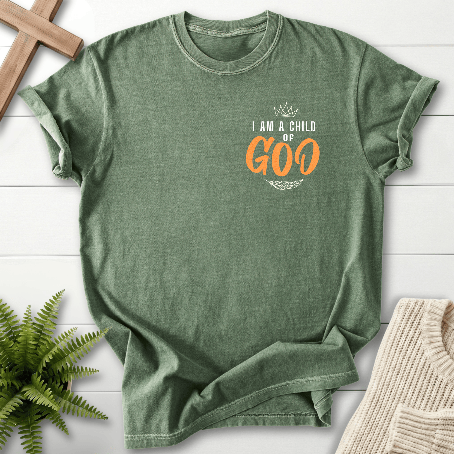 Moss women's Christian t-shirt with a left-chest crown pocket print and "I Am a Child of GOD" design