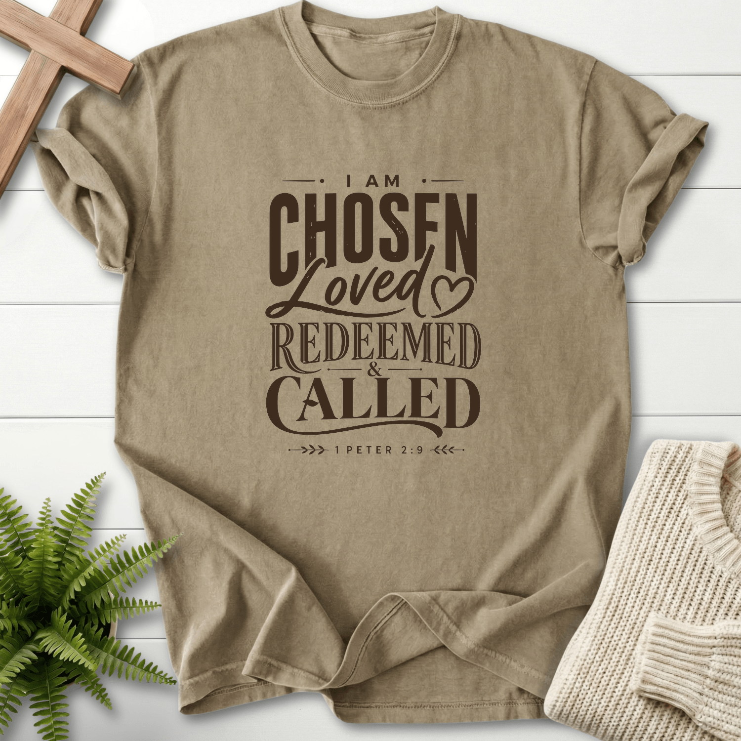 I am Chosen Graphic T-Shirt in Khaki | She Wears Faith