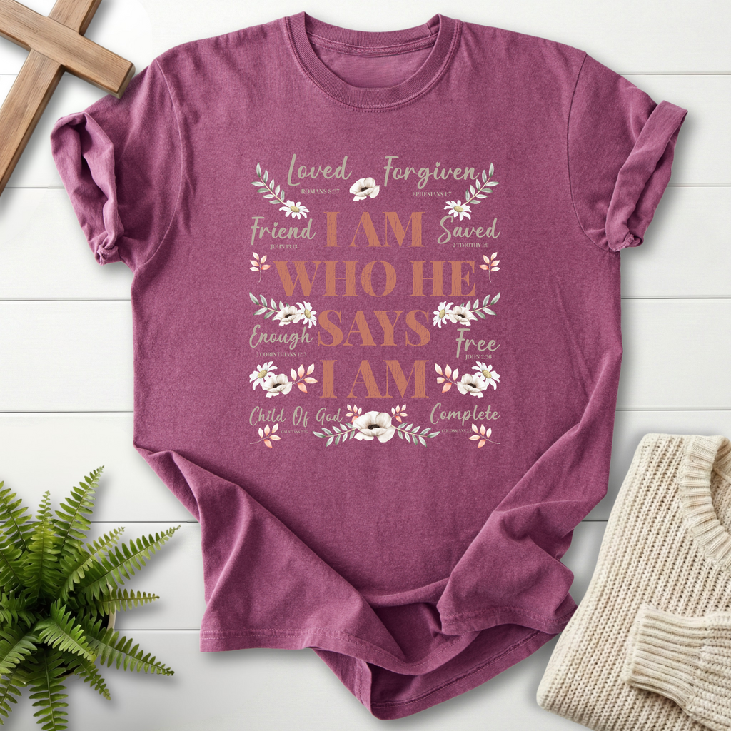 Berry women's Christian t-shirt with Loved, Saved, and Free identity affirmations, She Wears Faith