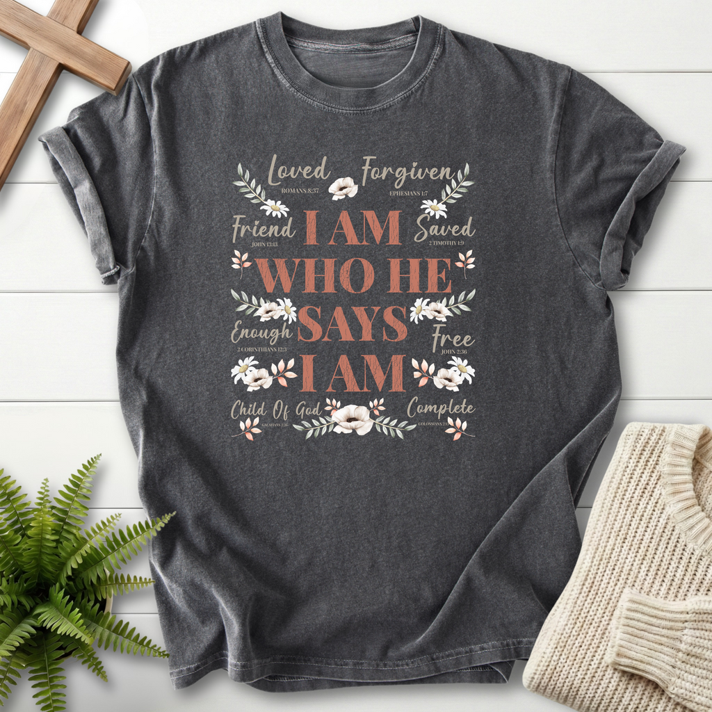 Pepper women's Christian t-shirt with Loved, Forgiven, Saved, and Free in an identity word collage