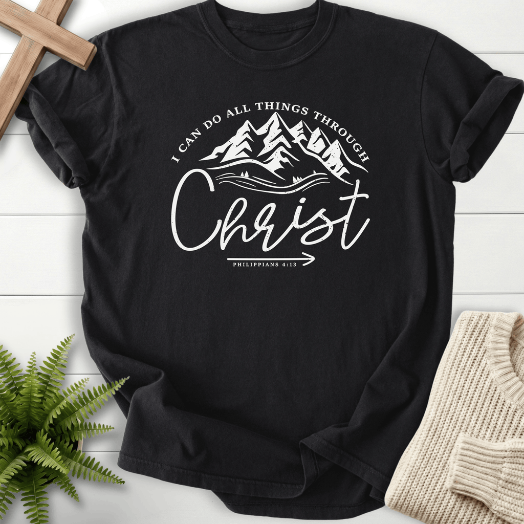 Black women's Christian t-shirt with a mountain wilderness badge, inspired by Philippians 4:13