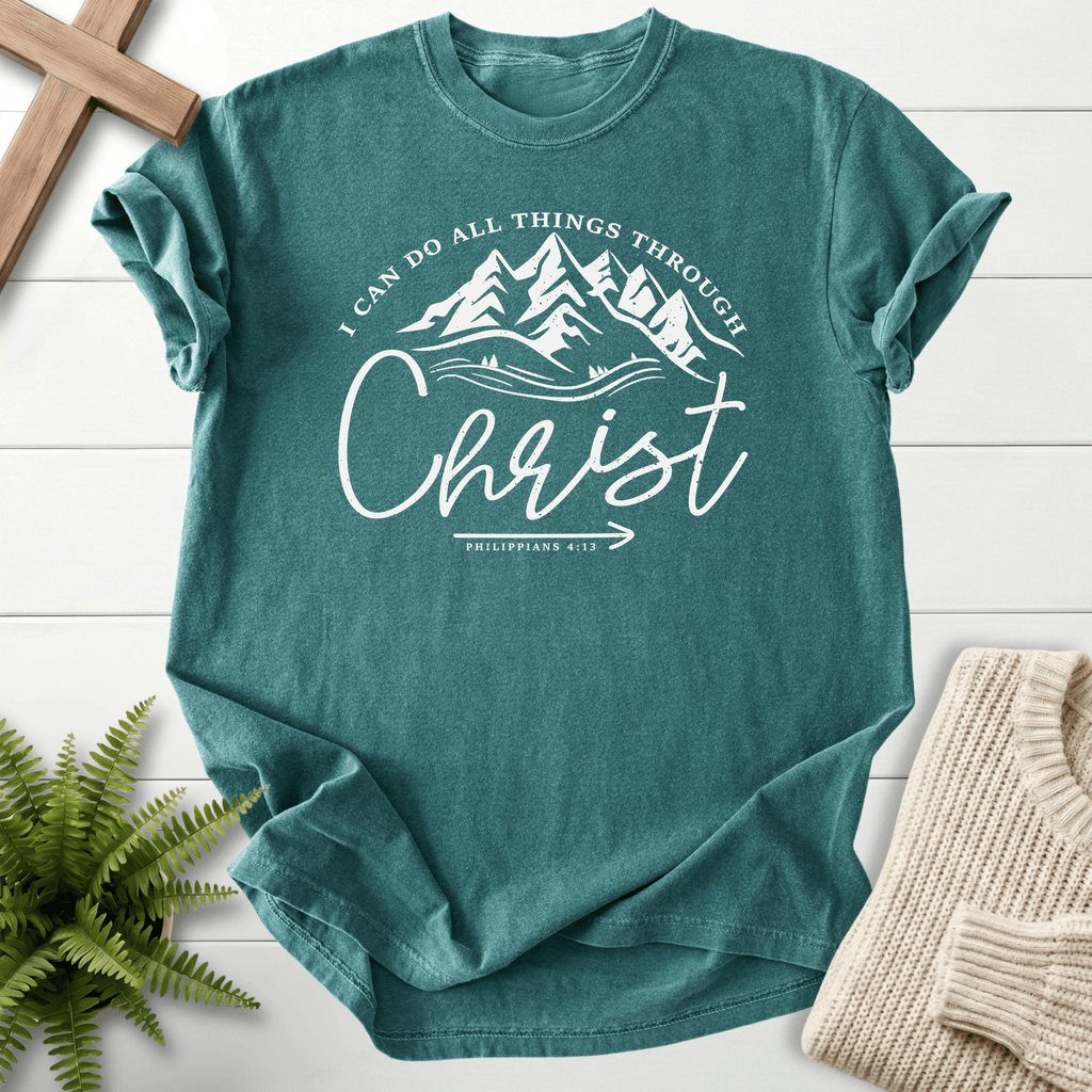 Blue Spruce women's Christian t-shirt with a mountain and pine tree circular badge design