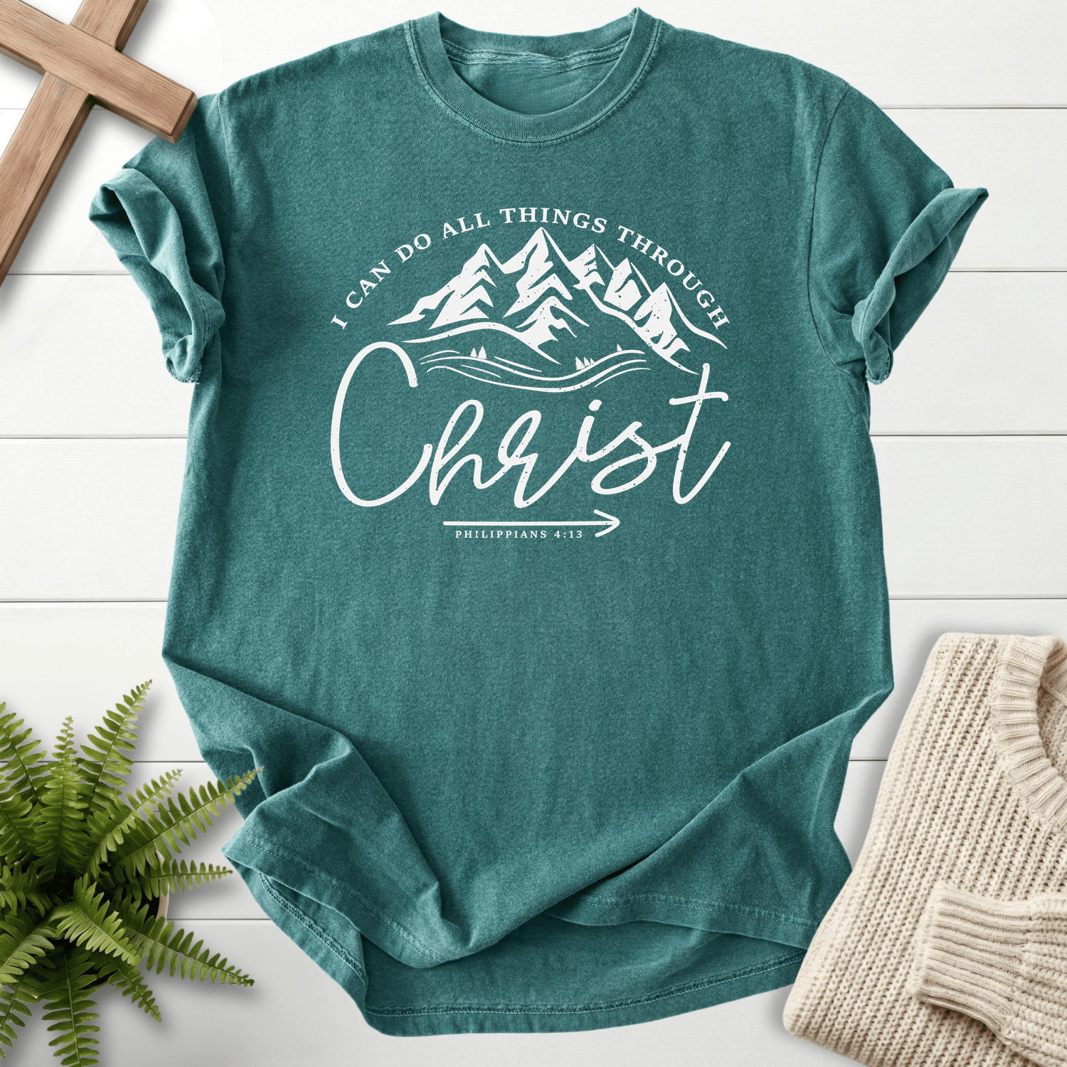 Blue Spruce women's Christian t-shirt with a mountain and pine tree circular badge design
