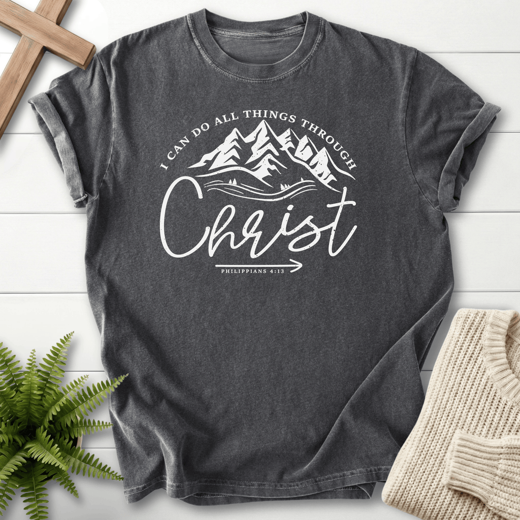 Pepper women's Christian t-shirt with an alpine landscape badge, inspired by Philippians 4:13