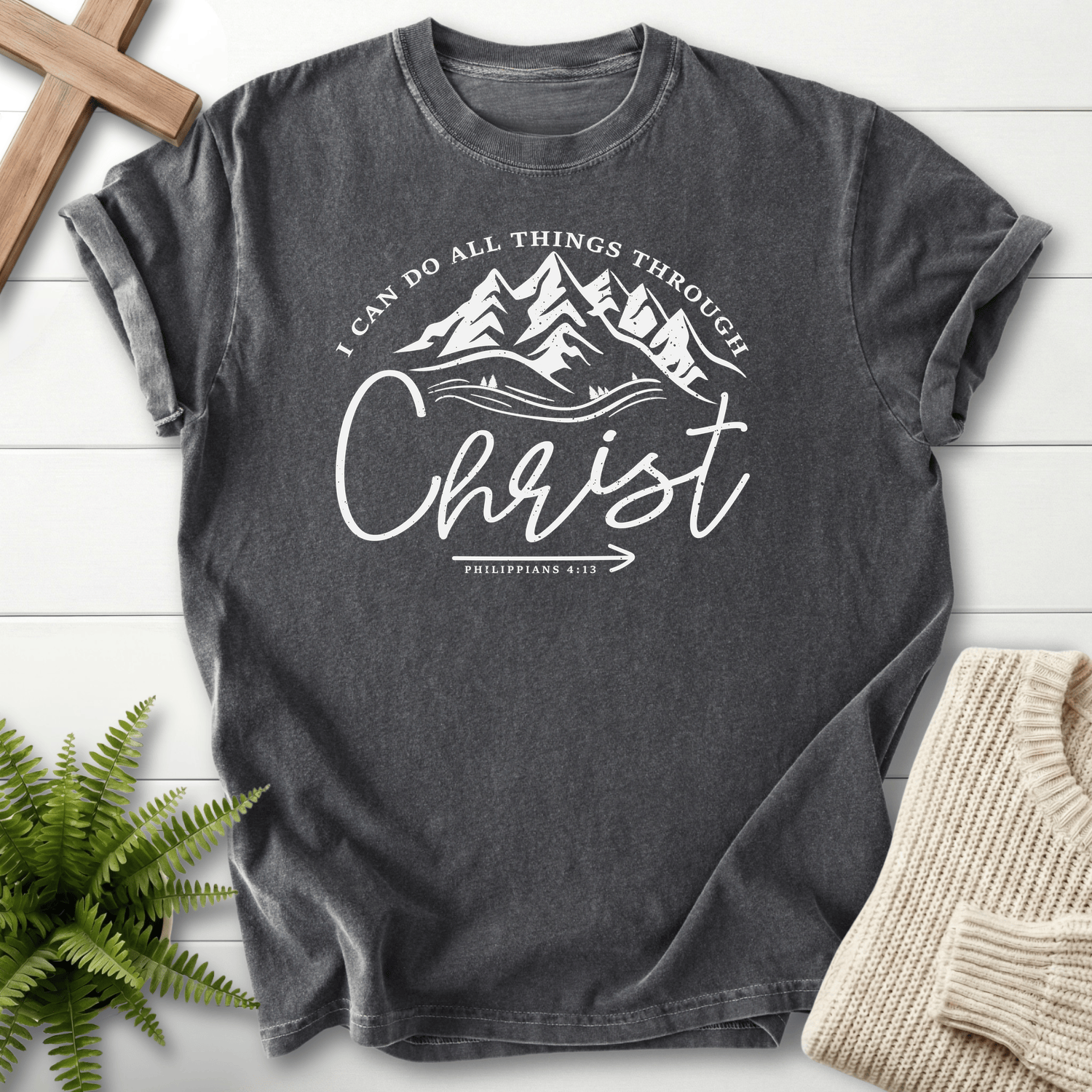 Pepper women's Christian t-shirt with an alpine landscape badge, inspired by Philippians 4:13