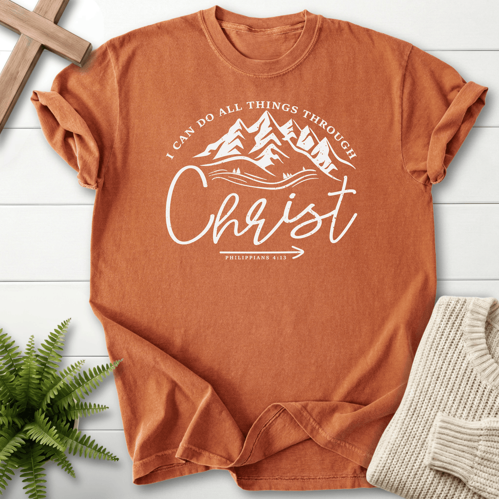Yam women's Christian t-shirt with an alpine mountain circle and Christ script, Comfort Colors 1717
