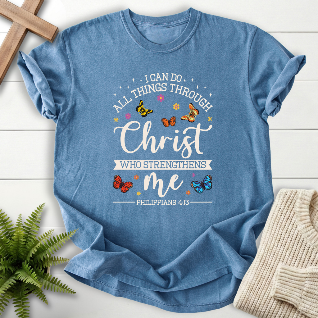 Blue Jean women's Christian t-shirt with colorful monarch butterfly illustrations and scripture lettering, inspired by Philippians 4:13.