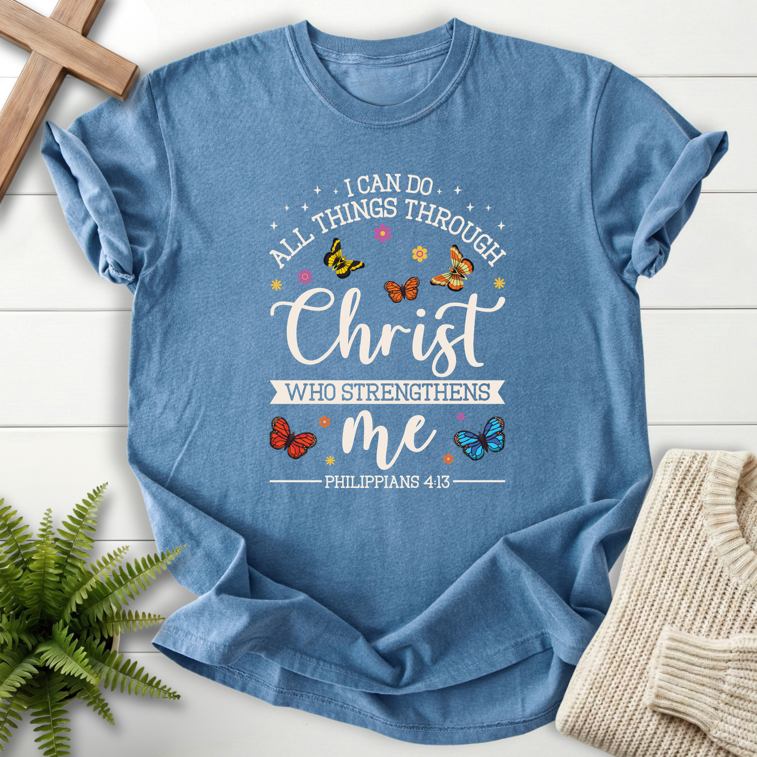 Blue Jean women's Christian t-shirt with colorful monarch butterfly illustrations and scripture lettering, inspired by Philippians 4:13.