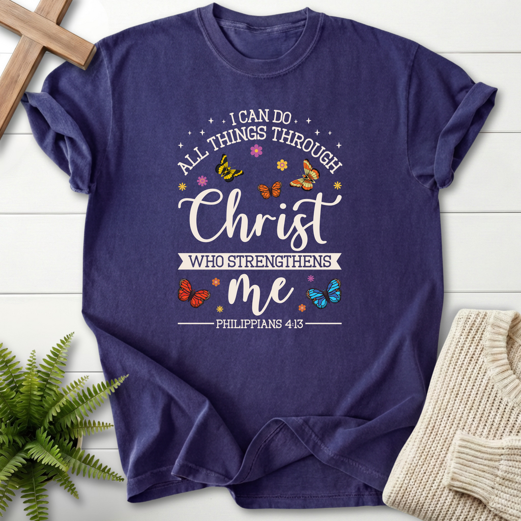 Grape women's Christian t-shirt with butterfly art, inspired by Philippians 4:13.