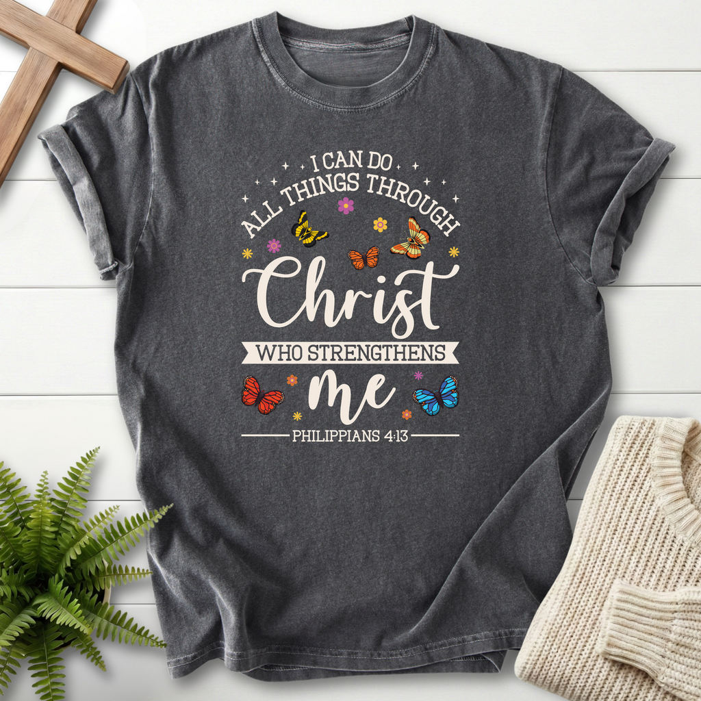 Pepper women's Christian t-shirt with butterfly art, inspired by Philippians 4:13.
