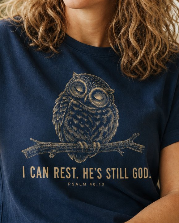 I Can Rest - Navy women's Christian tee, lifestyle photo in sunny porch - Engraved owl resting on a branch in gold ink - Psalm 46:10 - She Wears Faith