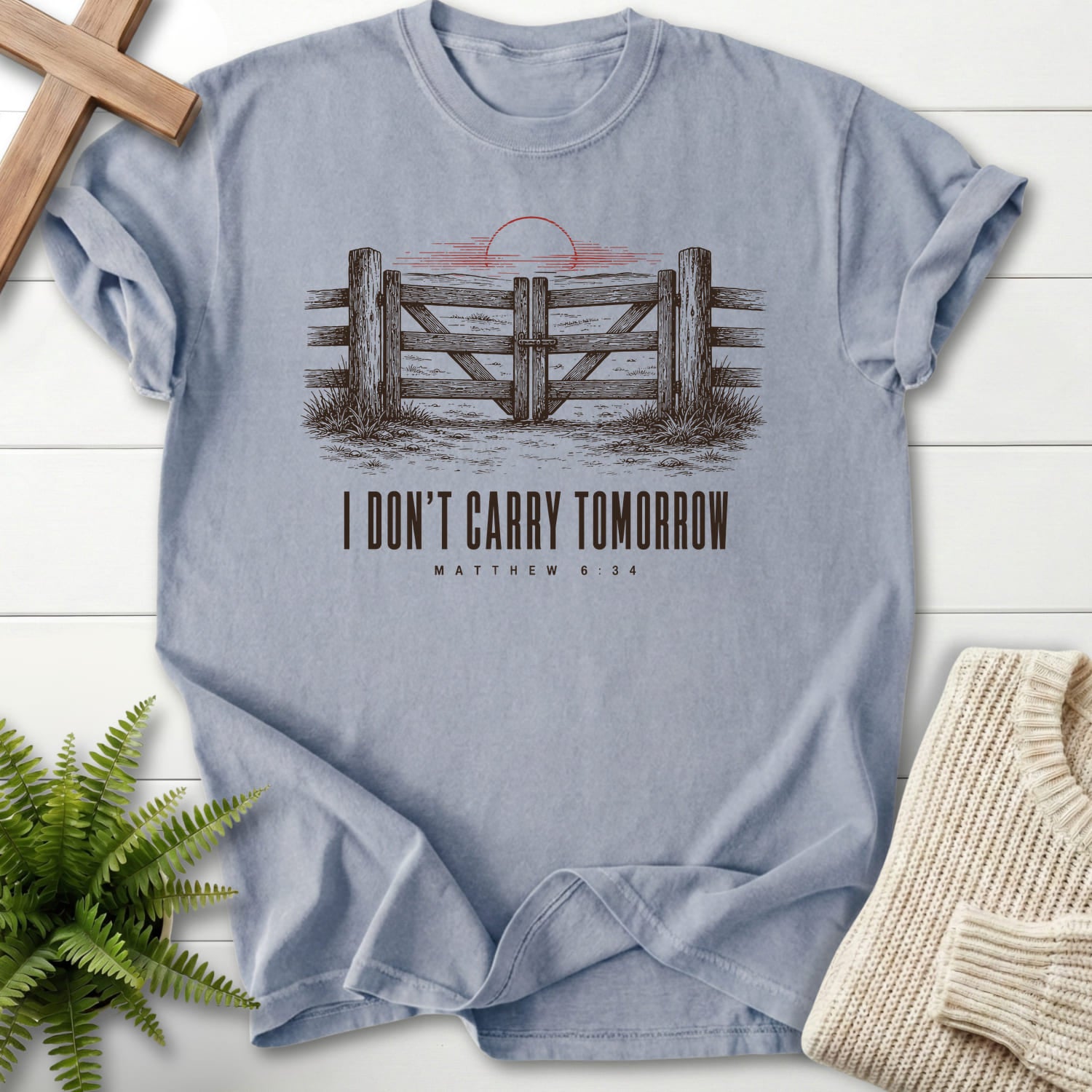 Granite color option for the I Don't Carry Tomorrow Christian shirt with "I Don't Carry Tomorrow T-Shirt" Matthew 6:34.
