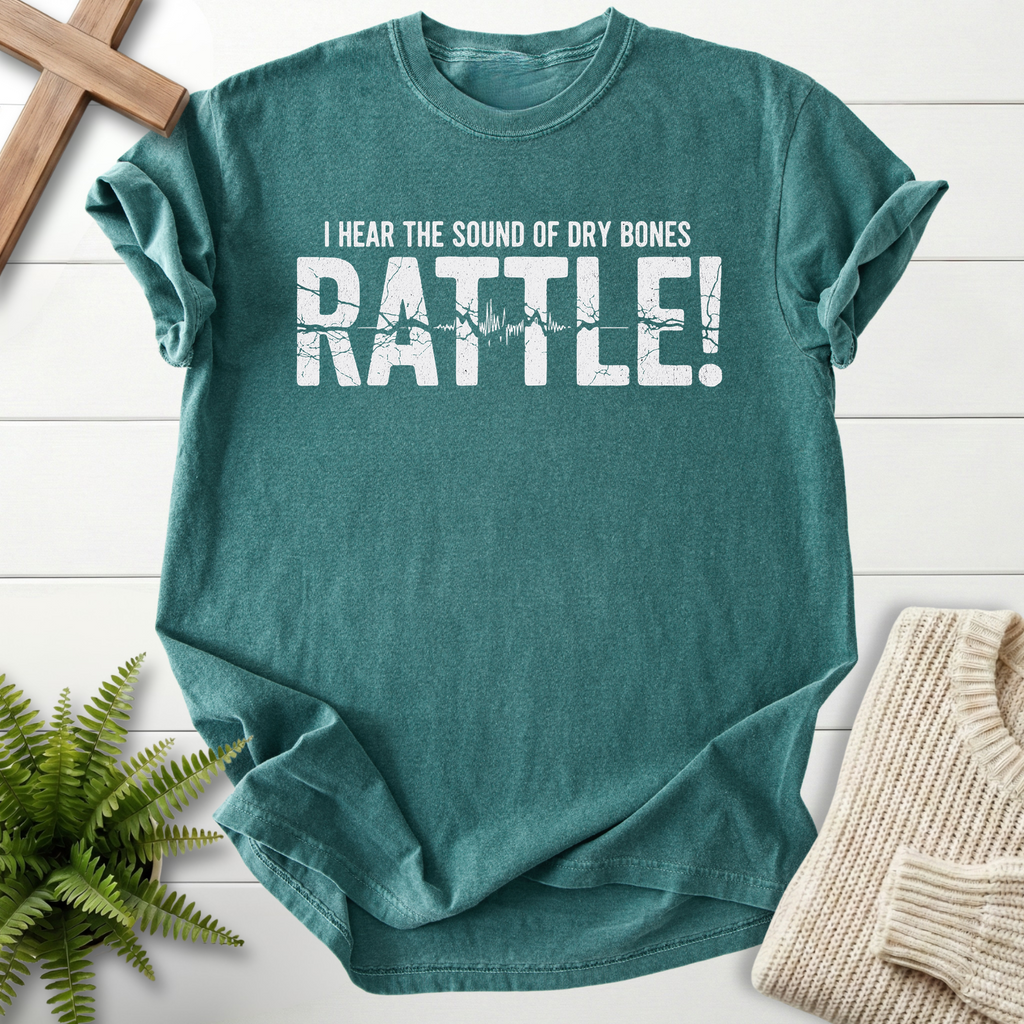 Blue Spruce women's Christian t-shirt with bold cracked typography, She Wears Faith