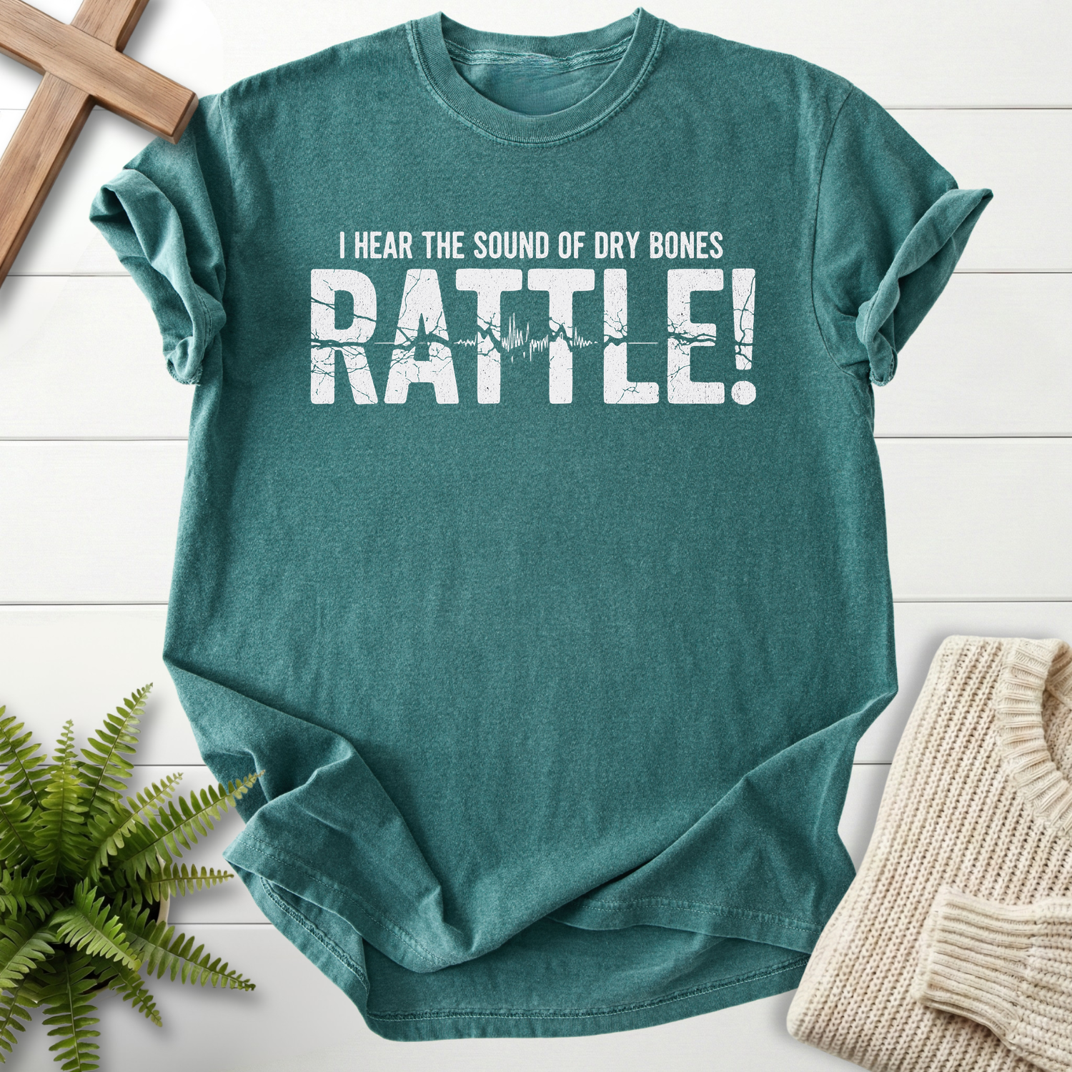 Blue Spruce women's Christian t-shirt with bold cracked typography, She Wears Faith