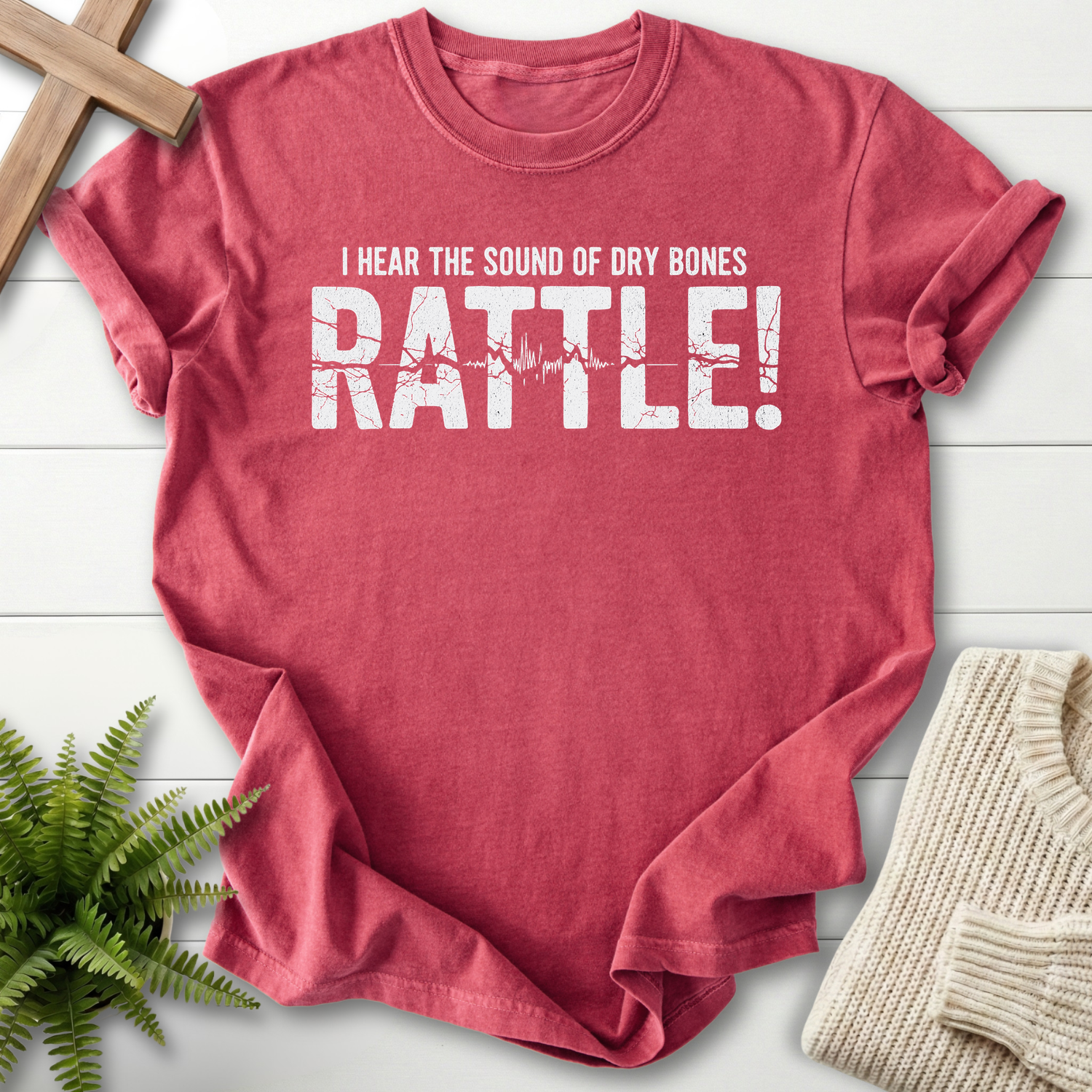 Crimson women's Christian t-shirt with cracked block type, heartbeat art, and "I Hear the Sound of Dry Bones Rattle," Comfort Colors 1717