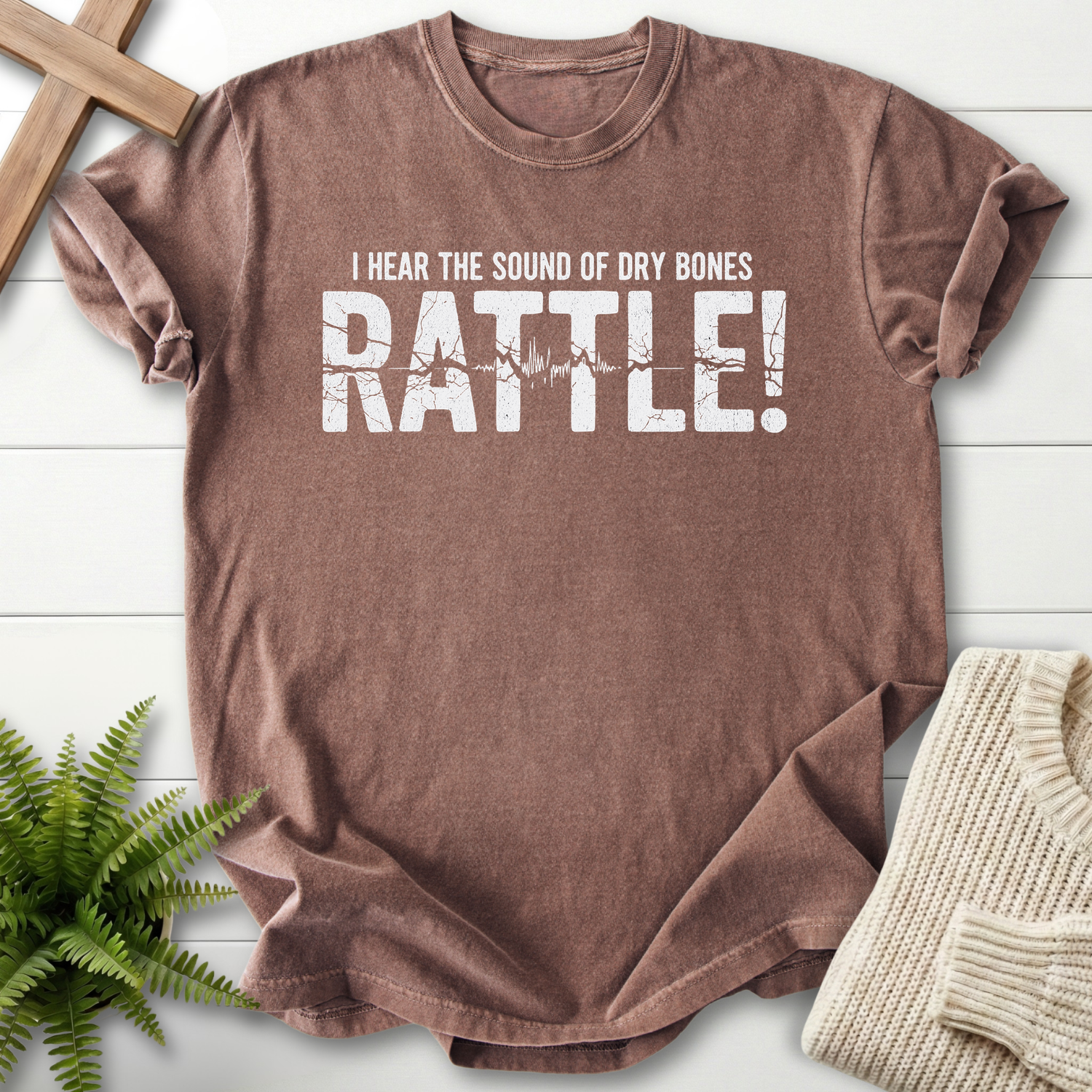 Espresso women's Christian t-shirt with distressed font and a heartbeat line through the lettering