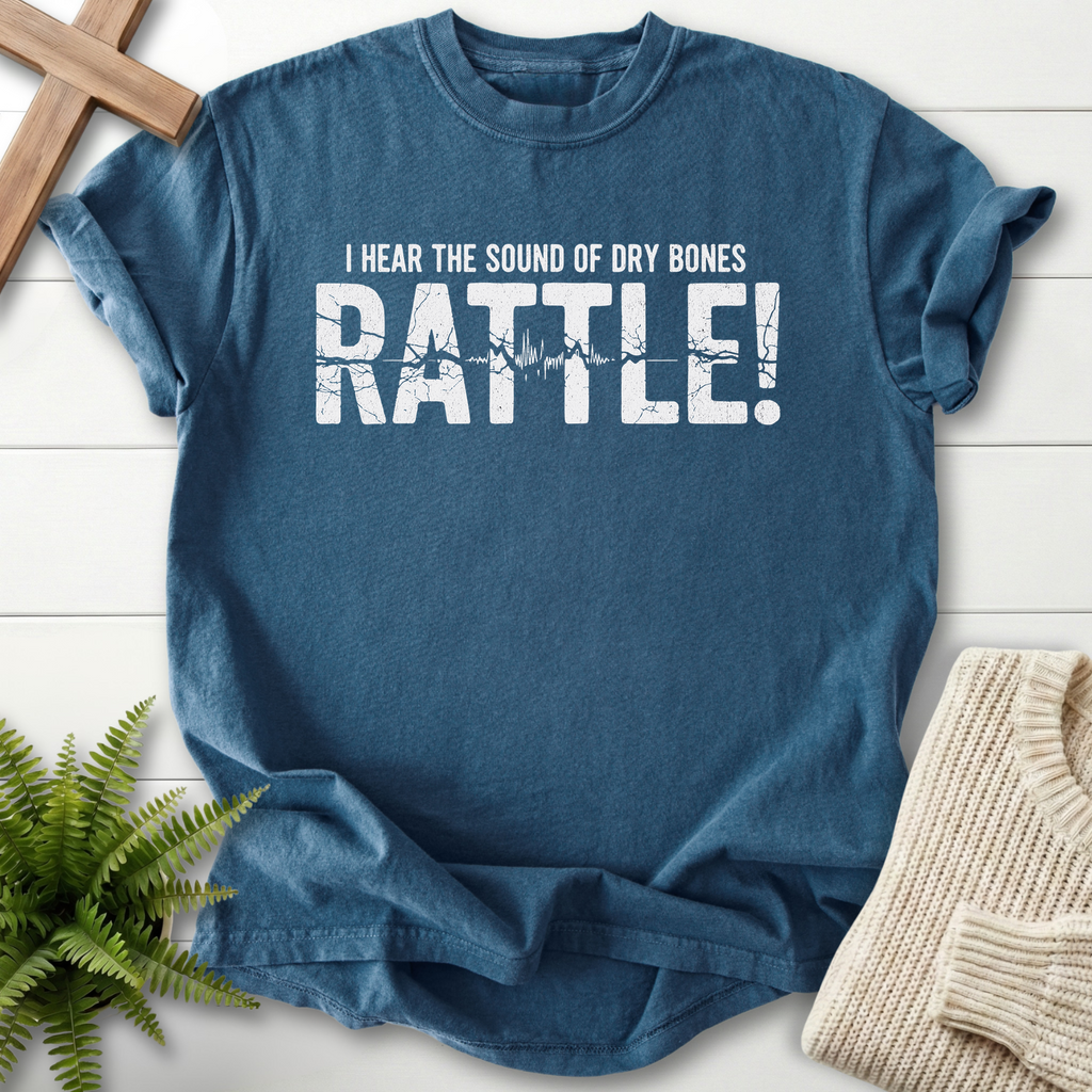 Midnight women's Christian t-shirt with distressed "Dry Bones Rattle" lettering and a pulse line design
