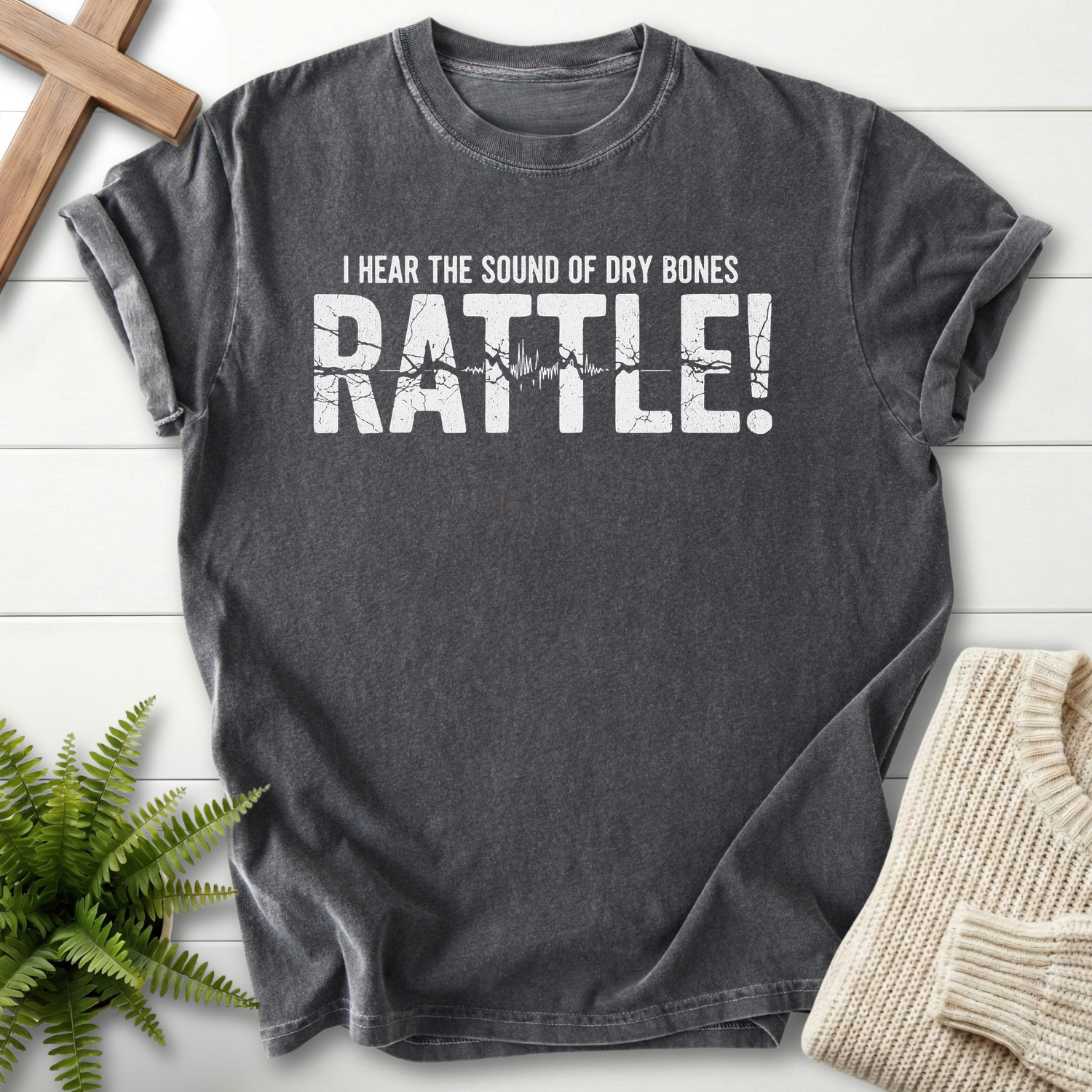 Pepper women's Christian t-shirt with distressed bold typography and a heartbeat line