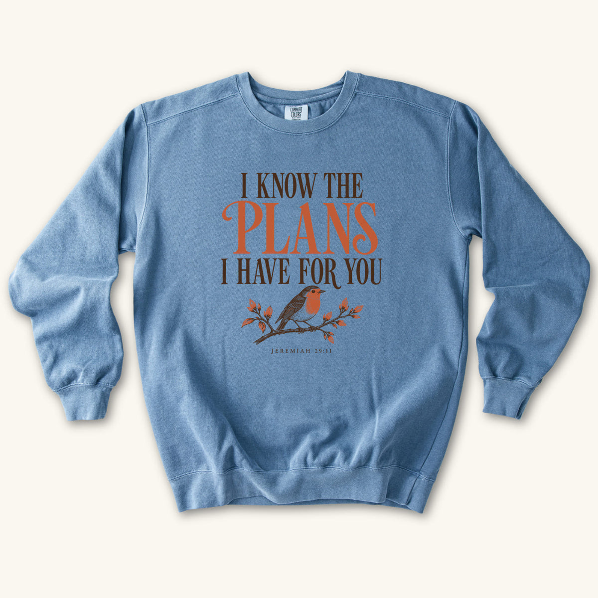 Blue Jean I Know the Plans Bird sweatshirt flat lay mockup, Jeremiah 29:11 Christian apparel for women