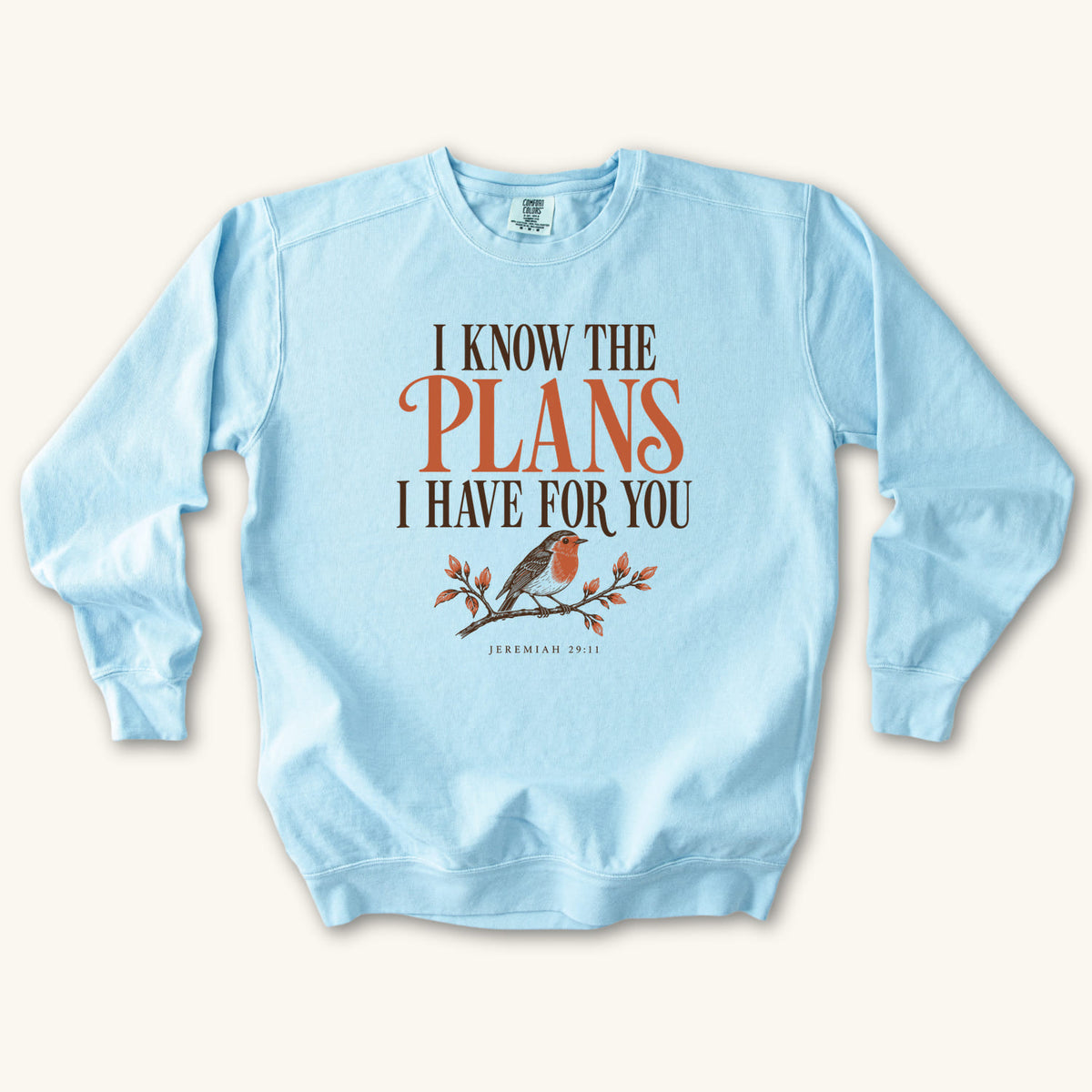 Chambray I Know the Plans Bird sweatshirt flat lay mockup, Jeremiah 29:11 Christian apparel for women