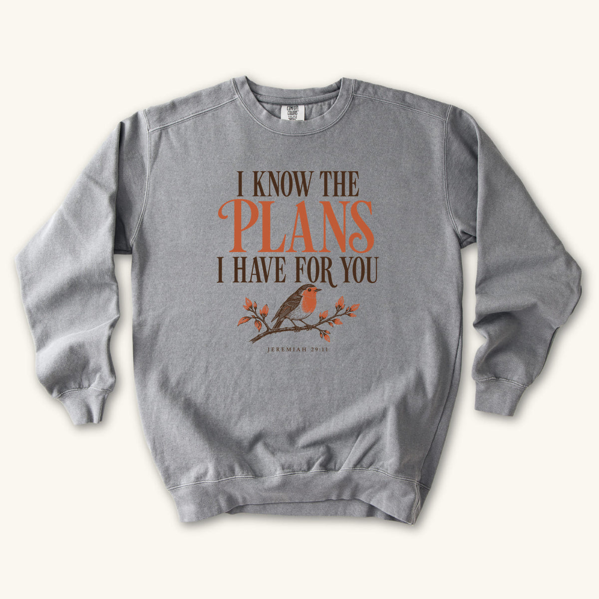 Grey I Know the Plans Bird sweatshirt flat lay mockup, Jeremiah 29:11 Christian apparel for women